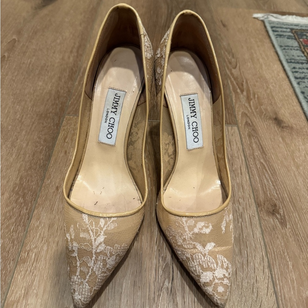 Jimmy Choo Tan Lace Heels